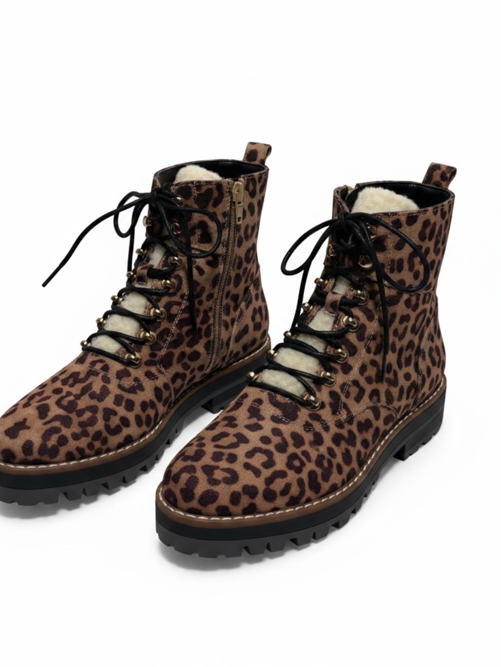 Women’s Naomi Leopard Hiker Boots 6.5 Medium Fur Lace Up Gold Accents - Picture 6 of 6